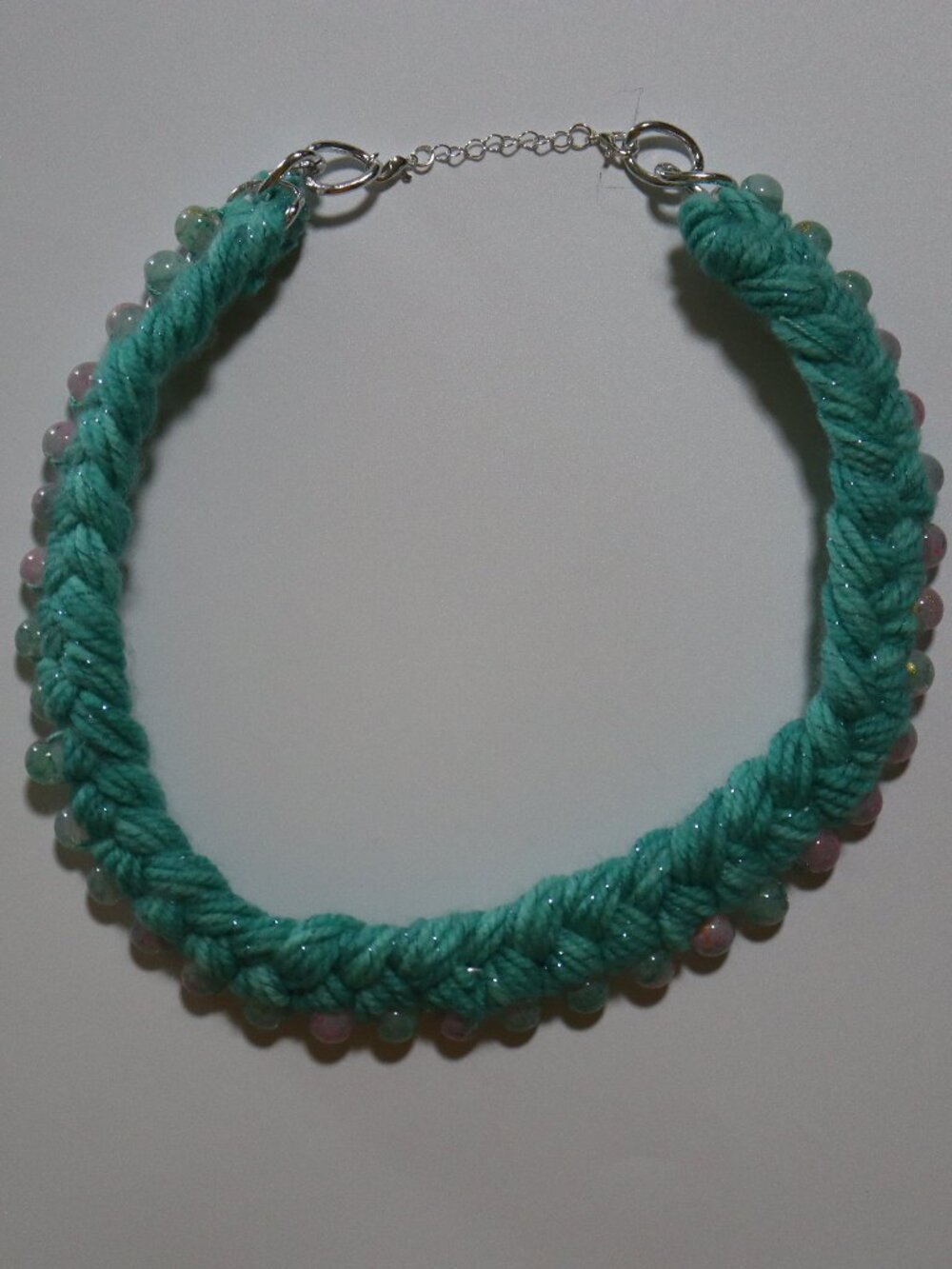 Necklace, braided, beaded hand made green and pink
